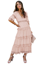Load image into Gallery viewer, Swiss Dot Print See-through Lace Patch Layered Long Dress
