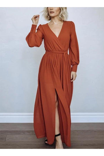 RUST LONG SLEEVES BELTED MAXI DRESS