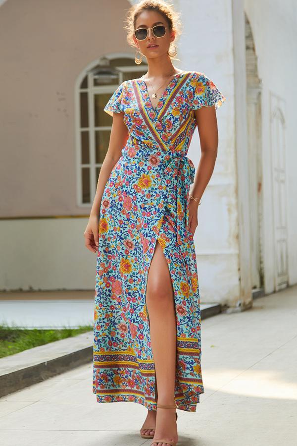 Boho Deep Neck Maxi Dress - Floral Print