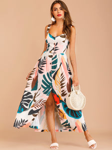 Leaf Tropical Print Buttoned Maxi Dress
