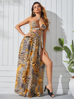 Load image into Gallery viewer, Hounds tooth &amp; Leopard Print High Split Halter Maxi Dress
