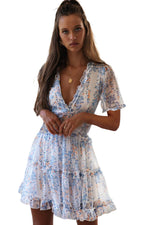 Load image into Gallery viewer, Floral Print V Neck Ruffle Backless Mini Dress
