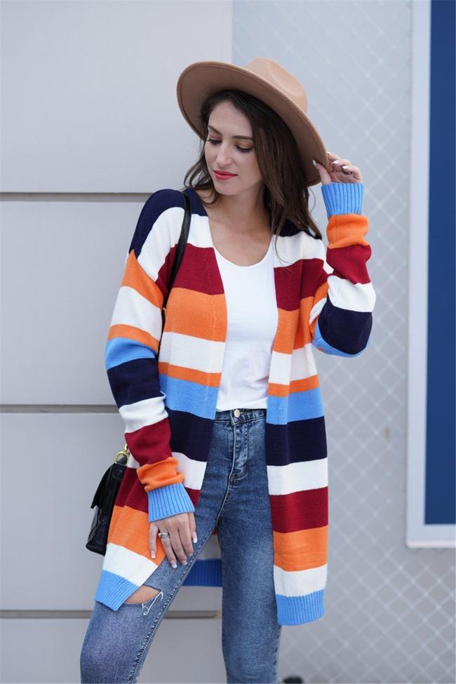 Stripped Mid-Length Open Front Cardigan