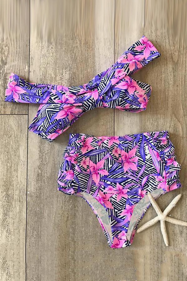 Retro High-Waist Off Shoulder Floral Bikini Set