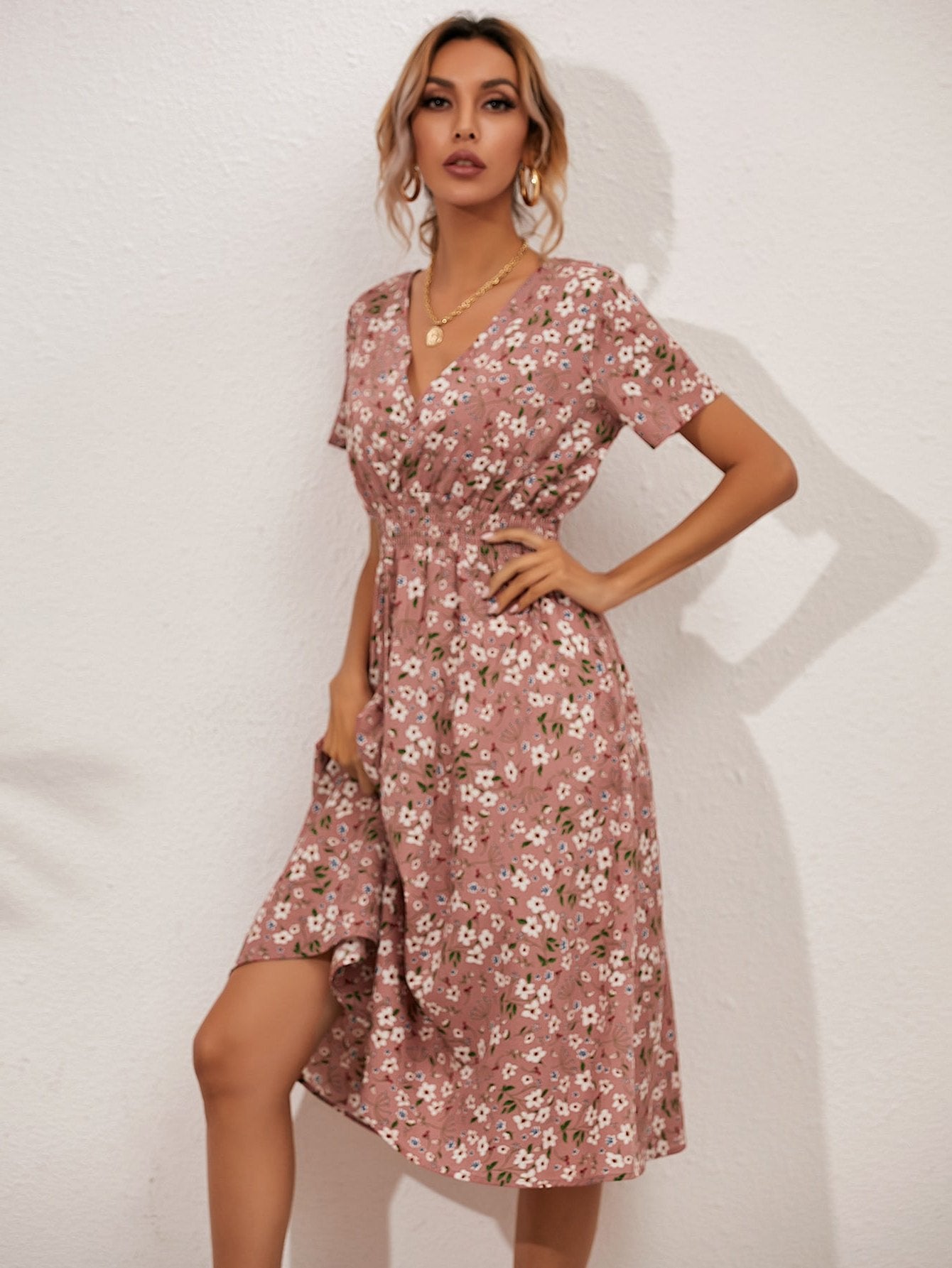 A-line Allover Floral Shirred Wrap Midi Dress