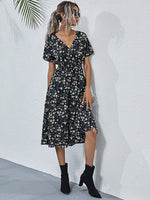 Load image into Gallery viewer, A-line Allover Floral Shirred Wrap Midi Dress
