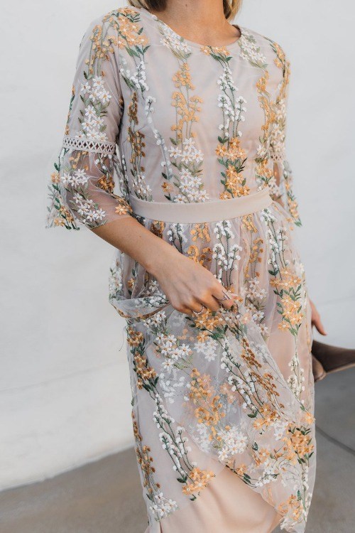 Embroidered Bloom Dress in Champagne