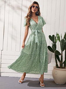 Bell Sleeve Ruffle Hem Ditsy Floral Maxi Dress