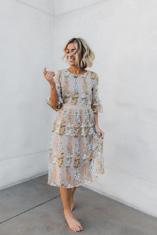 Embroidered Bloom Dress in Champagne – TheGlamourLady.com