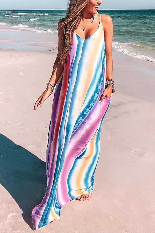 Colorful Stripe Pockets Slip Maxi Dress