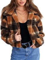 Load image into Gallery viewer, Plaid Faux Fur Cropped Biker Down Jacket
