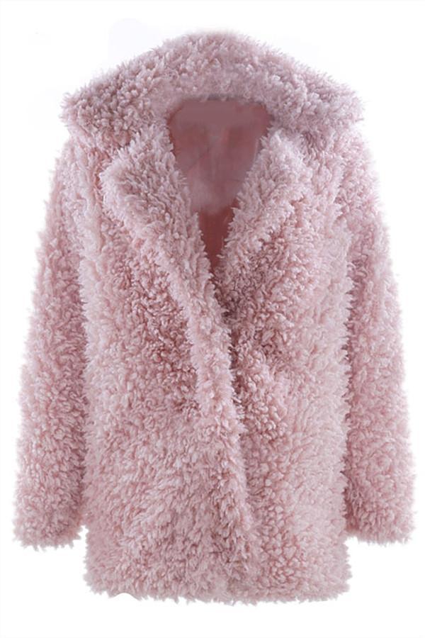 Casual Pink Faux Fur Long Coat