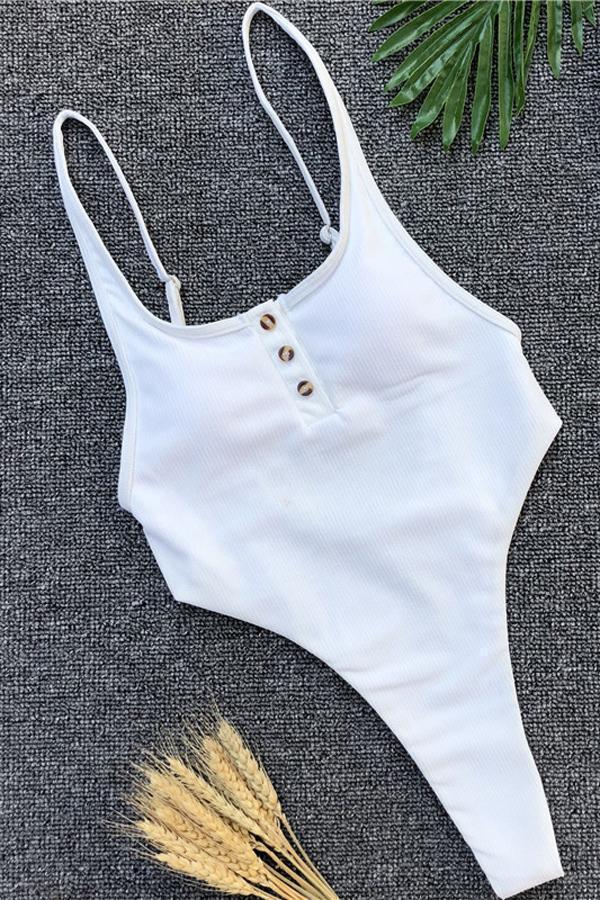 Pure Color Buttons One-Piece Swimsuit