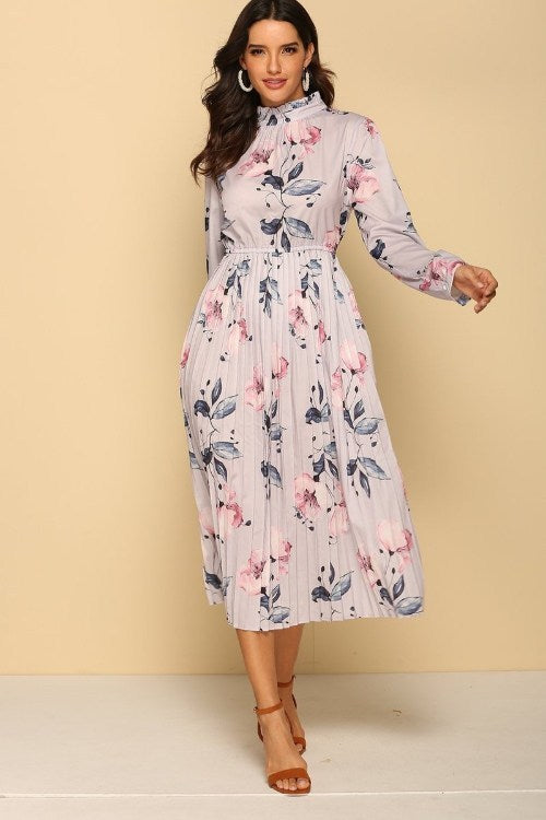 Pleated Long Sleeves Lilac Dress – Floral Printed