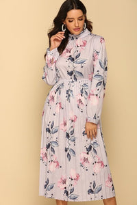 Pleated Long Sleeves Lilac Dress – Floral Printed
