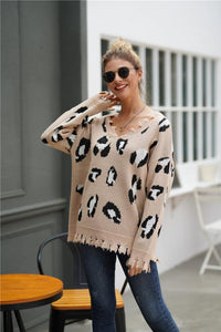 Leopard Frayed Hem Loose Sweater