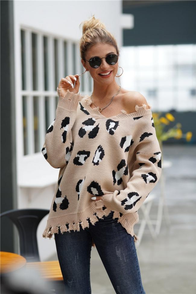 Leopard Frayed Hem Loose Sweater