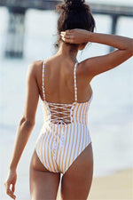 Load image into Gallery viewer, Vintage Striped Bandage One-Piece Swimsuit

