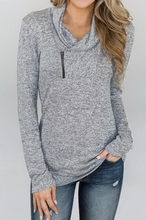 Solid Color Long Sleeve Zip Top