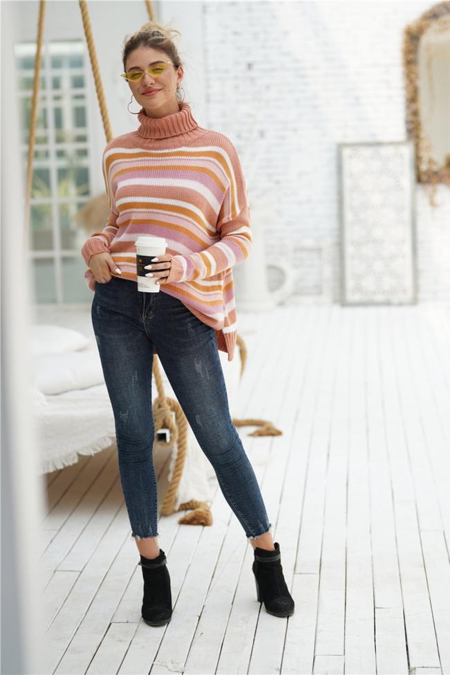 Striped High Neck Loose Sweater