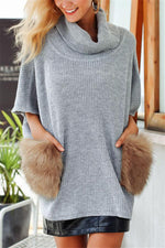 Load image into Gallery viewer, Faux Fur Pocket Turtleneck Sweater Cape
