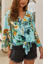 Load image into Gallery viewer, Floral V Neck Knot Blouse
