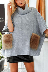 Faux Fur Pocket Turtleneck Sweater Cape