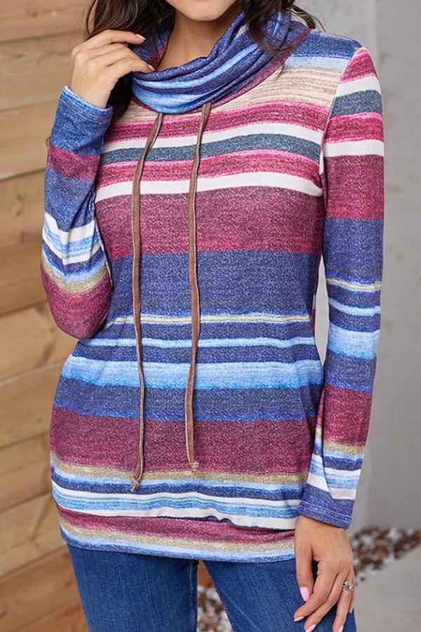 Medium Long Striped Pocket Long Sleeve Sweater