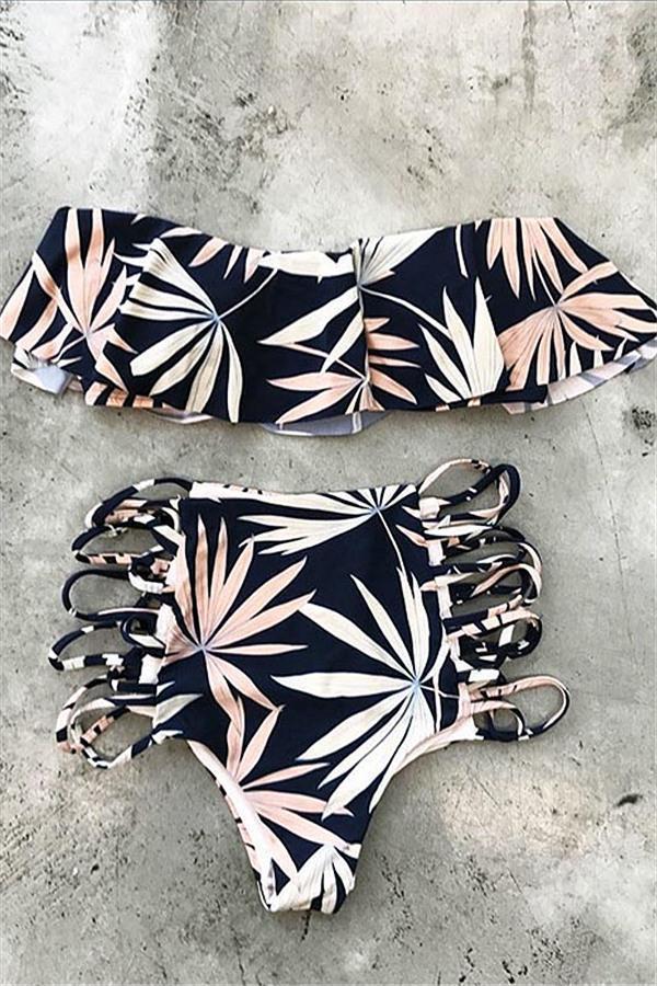 Bamboo Leaves Print High-Waisted Bikini Set