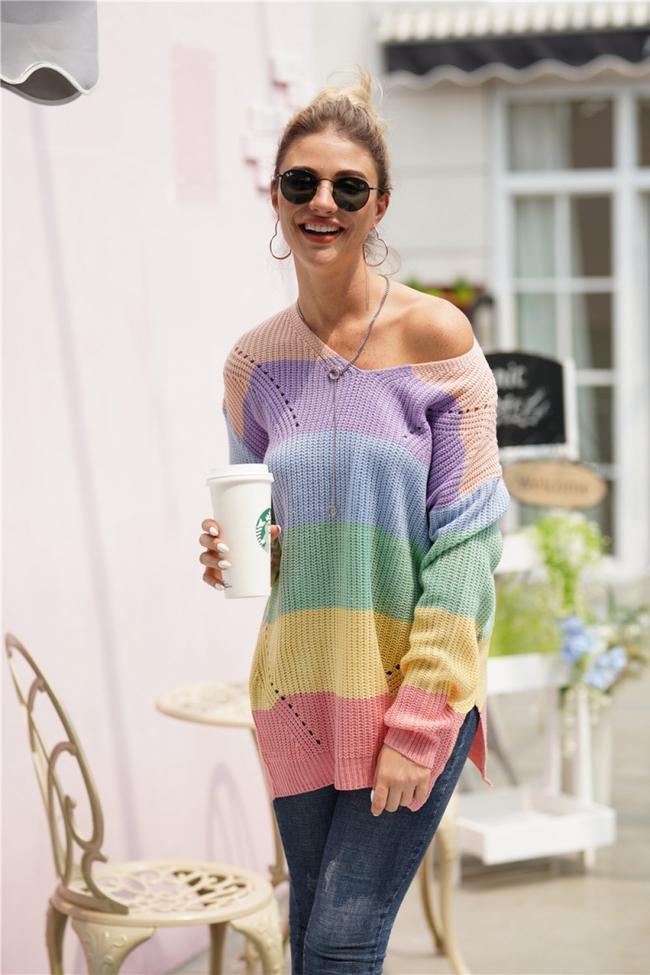 Color Block V Neck Plus Size Sweater