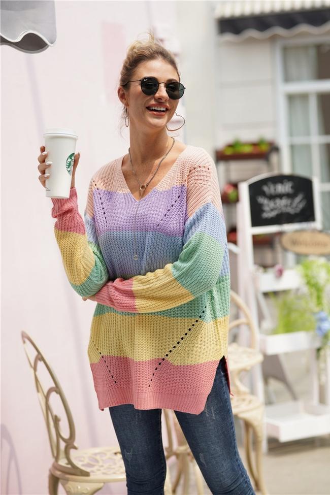 Color Block V Neck Plus Size Sweater