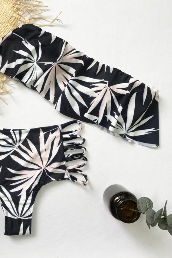 Bamboo Leaves Print High-Waisted Bikini Set