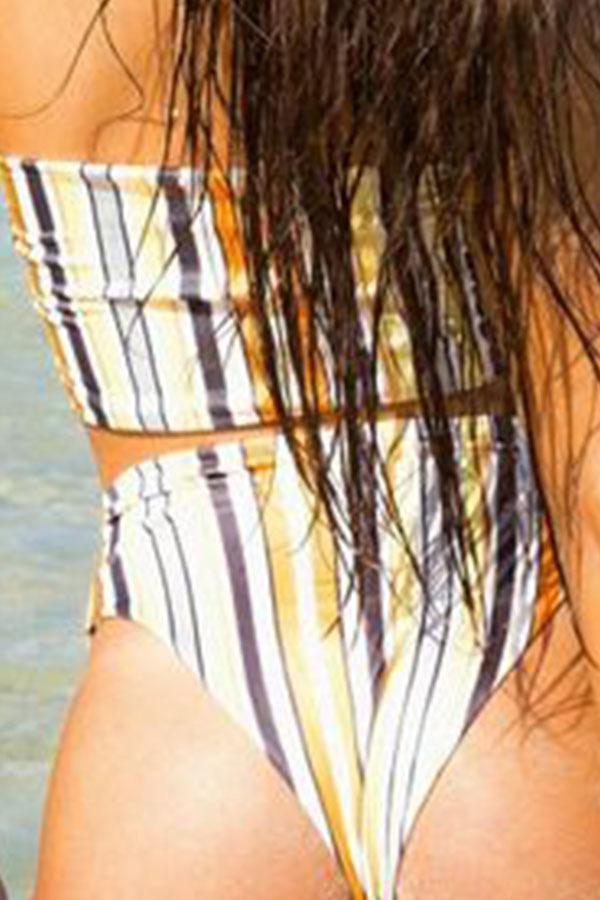 Striped Strapless High Waist Bikini Set