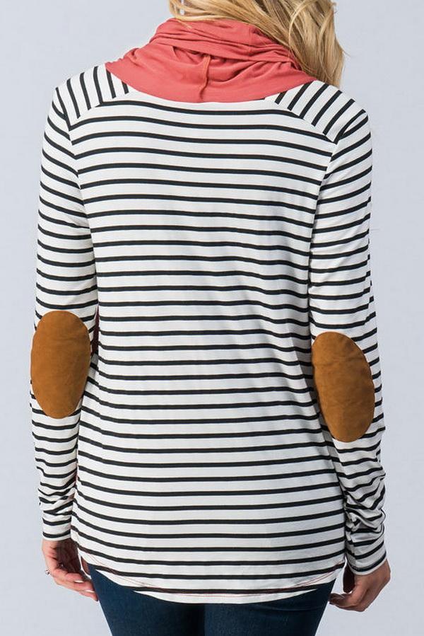 Patchwork Striped Fold Collar Long Sleeve Top