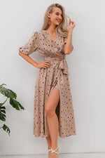 Load image into Gallery viewer, Polka Dot Wrap Puff Sleeve Dress
