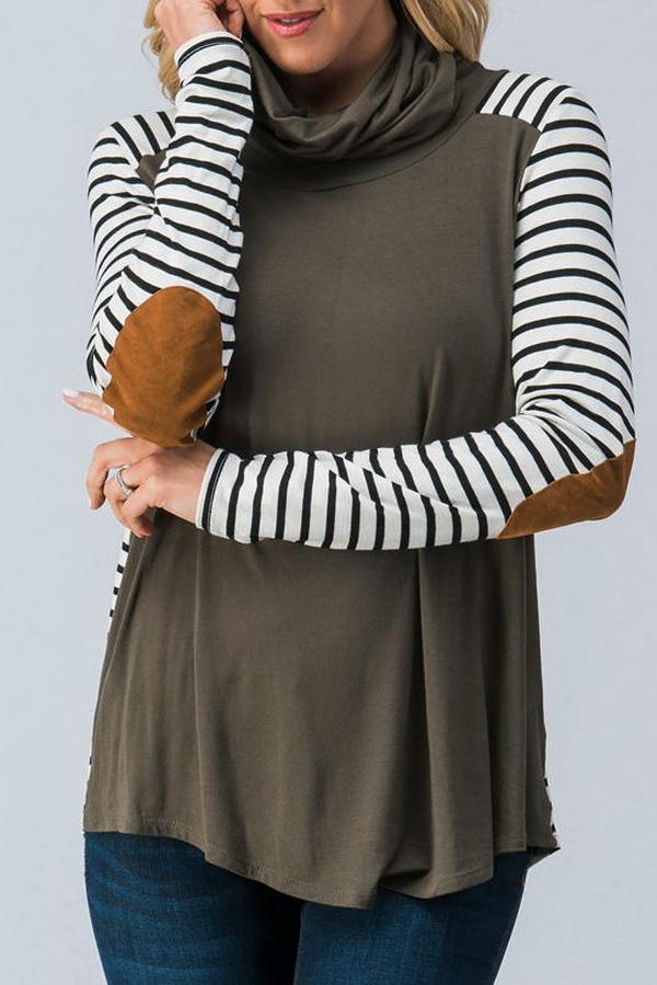 Patchwork Striped Fold Collar Long Sleeve Top