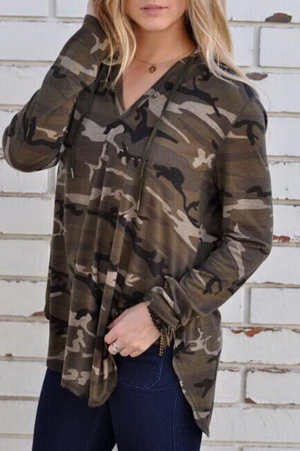 Long-Sleeved Camouflage Printed Hooded Loose Top