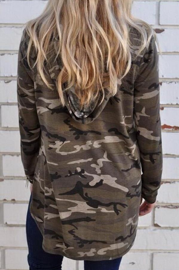 Long-Sleeved Camouflage Printed Hooded Loose Top
