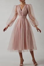 Load image into Gallery viewer, V Neck Tulle Long Sleeve Midi Dress
