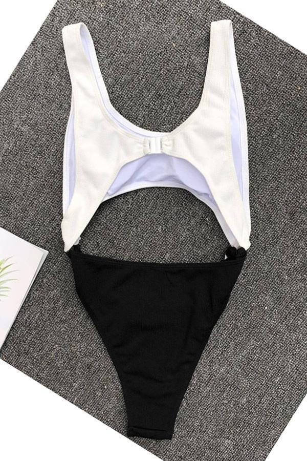 Black White Splicing Hollow Out One-Piece Swimsuit