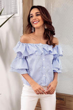 Load image into Gallery viewer, Off Shoulder Flounce Single Breasted Shirt
