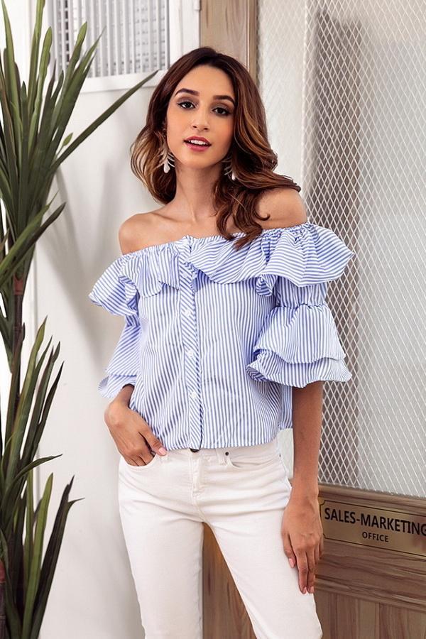 Off Shoulder Flounce Single Breasted Shirt