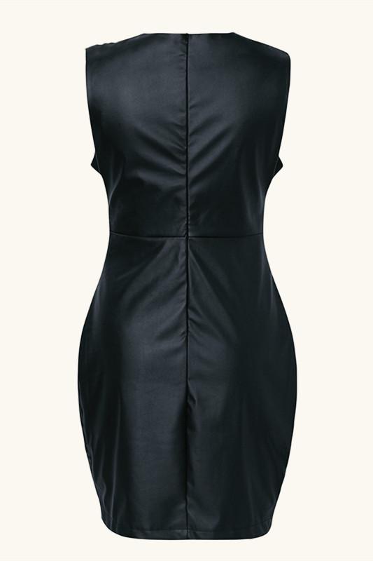 Black PU Leather Ruched Bodycon Dress