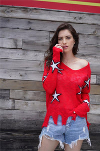 Star Print Frayed Hem Sweater