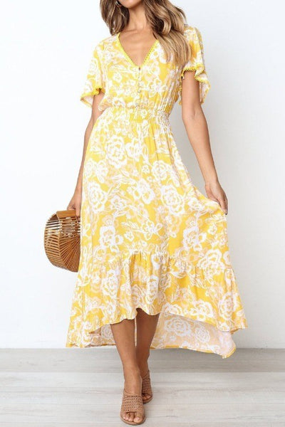 Floral Yellow Frill Hemline Maxi Dress – TheGlamourLady.com