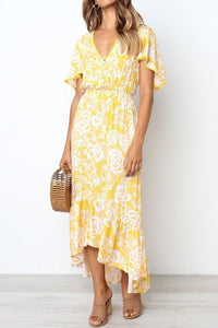 Floral Yellow Frill Hemline Maxi Dress