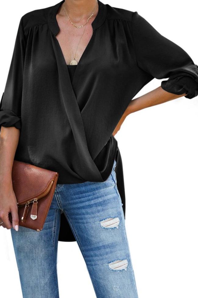 Loose Front-Middle Cross Seven-Sleeve Shirt