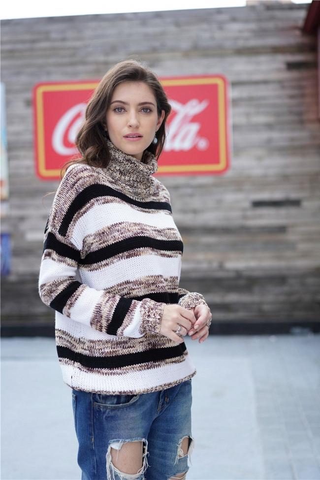 High Neck Striped Loose Sweater