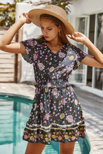 Load image into Gallery viewer, V Collar Tiered Cotton Hemp Floral Dress
