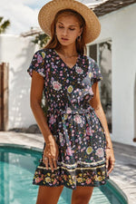Load image into Gallery viewer, V Collar Tiered Cotton Hemp Floral Dress
